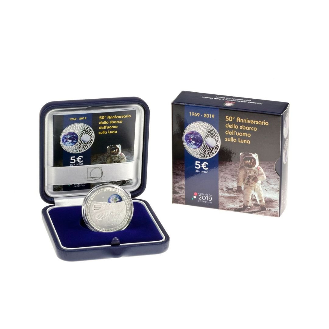 2019 – 5 euro “Sbarco dell’uomo sulla Luna” – 50° Anniversario – proof