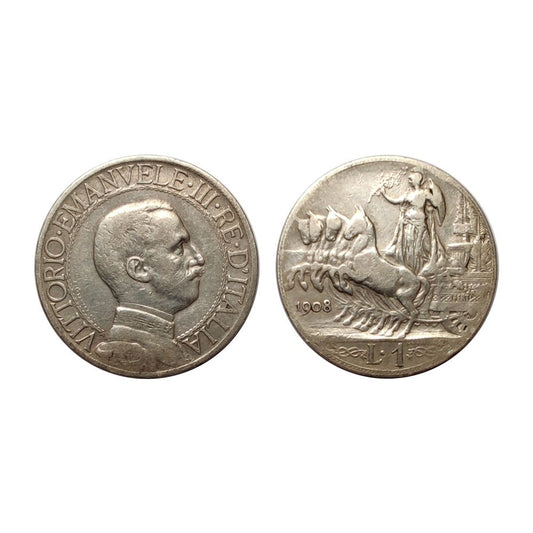 Vittorio Emanuele III – 1 Lira – Quadriga Veloce – 1908 – RARA – BB–