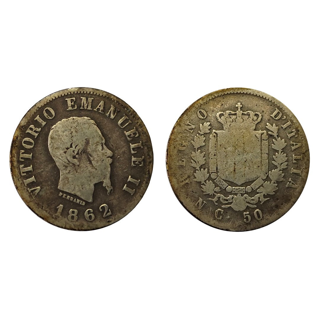 Vittorio Emanuele II – 50 Centesimi Stemma 1862 – Napoli – MB – R