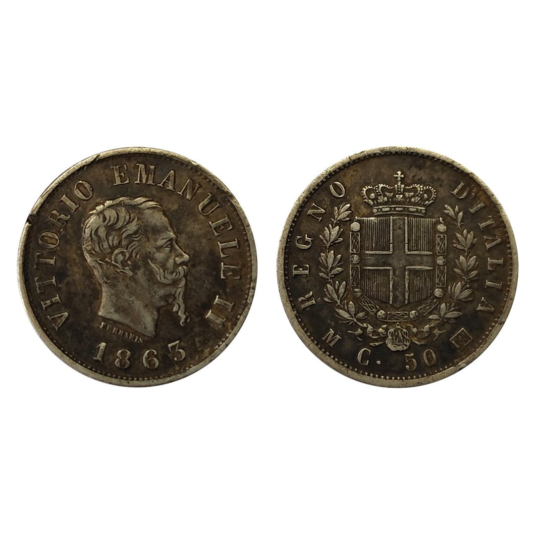 Vittorio Emanuele II – 50 Centesimi Stemma 1863 – Milano – BB/SPL – R