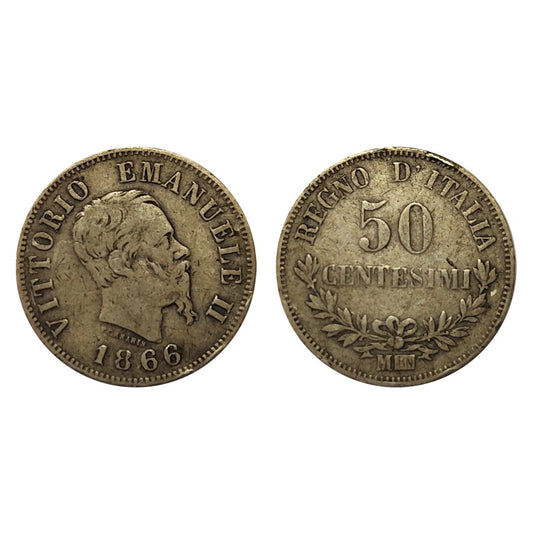 Vittorio Emanuele II – 50 Centesimi Valore 1866 – Milano – MB/BB – R